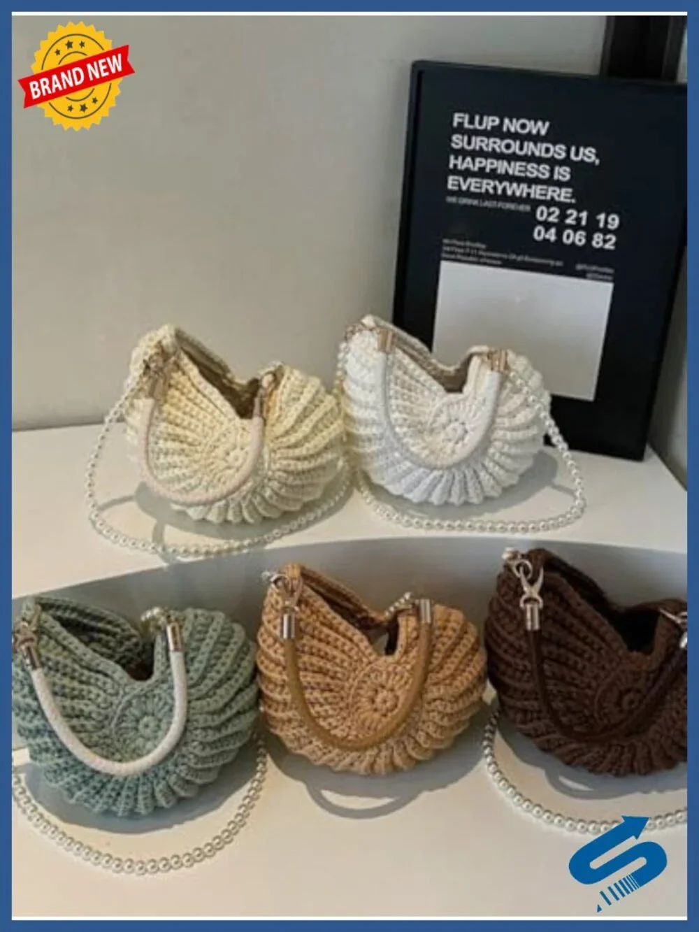Hand-Crocheted Snail Shell Woven Tote Bag with Pearl Chain Shoulder Handbag